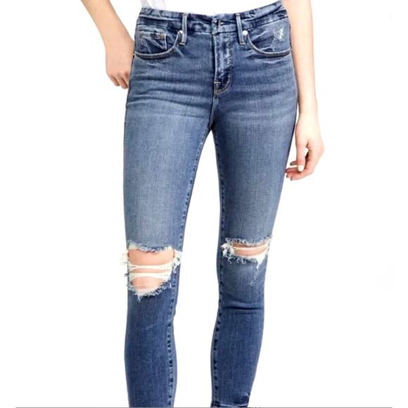 Good American Women's Good Leg Cigarette Distressed Knees Blue jean Size 30X26 - Picture 2 of 13